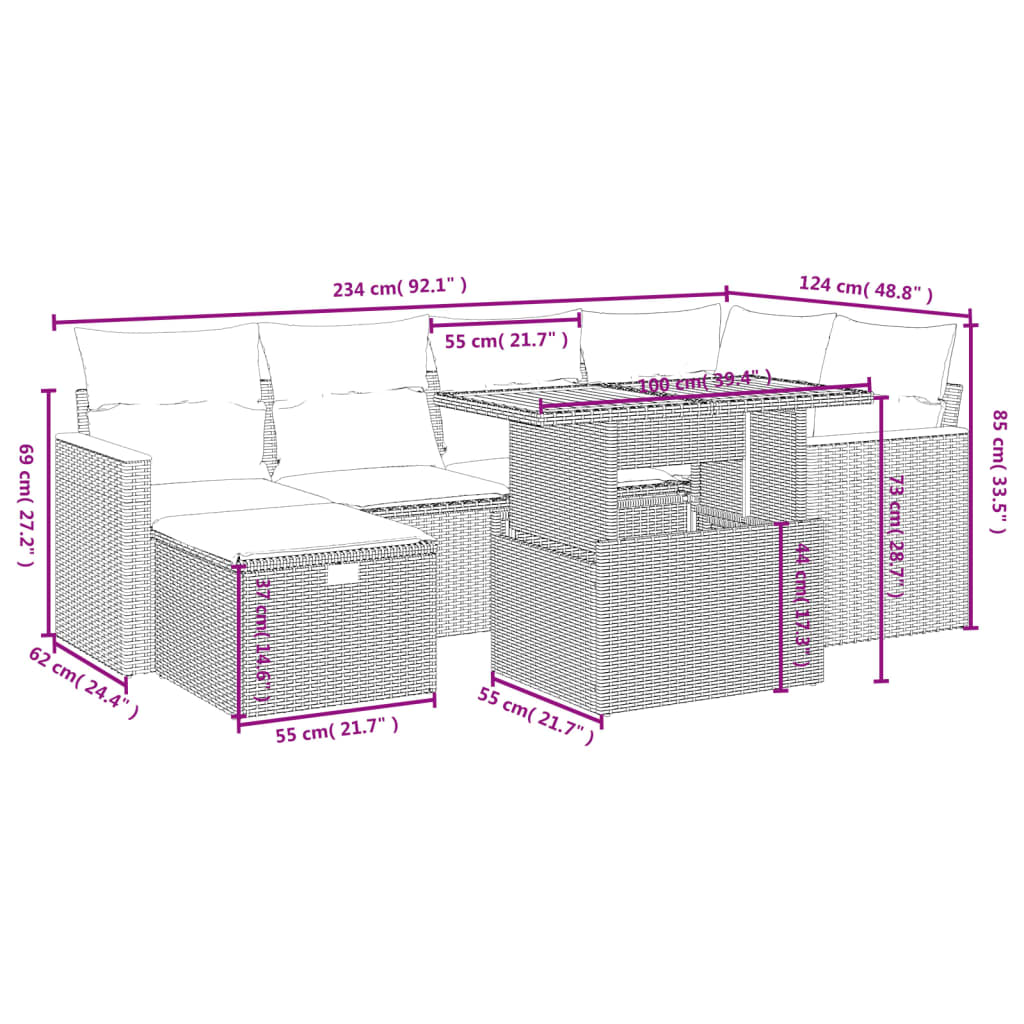 Gartensofa-Set mit Kissen 7-teilig, schwarzes Polyrattan