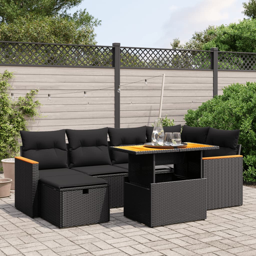 Gartensofa-Set mit Kissen 7-teilig, schwarzes Polyrattan