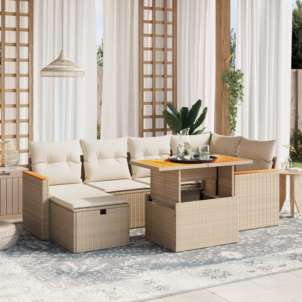 Set Divani da Giardino 7 pz con Cuscini Beige in Polyrattan - homemem39