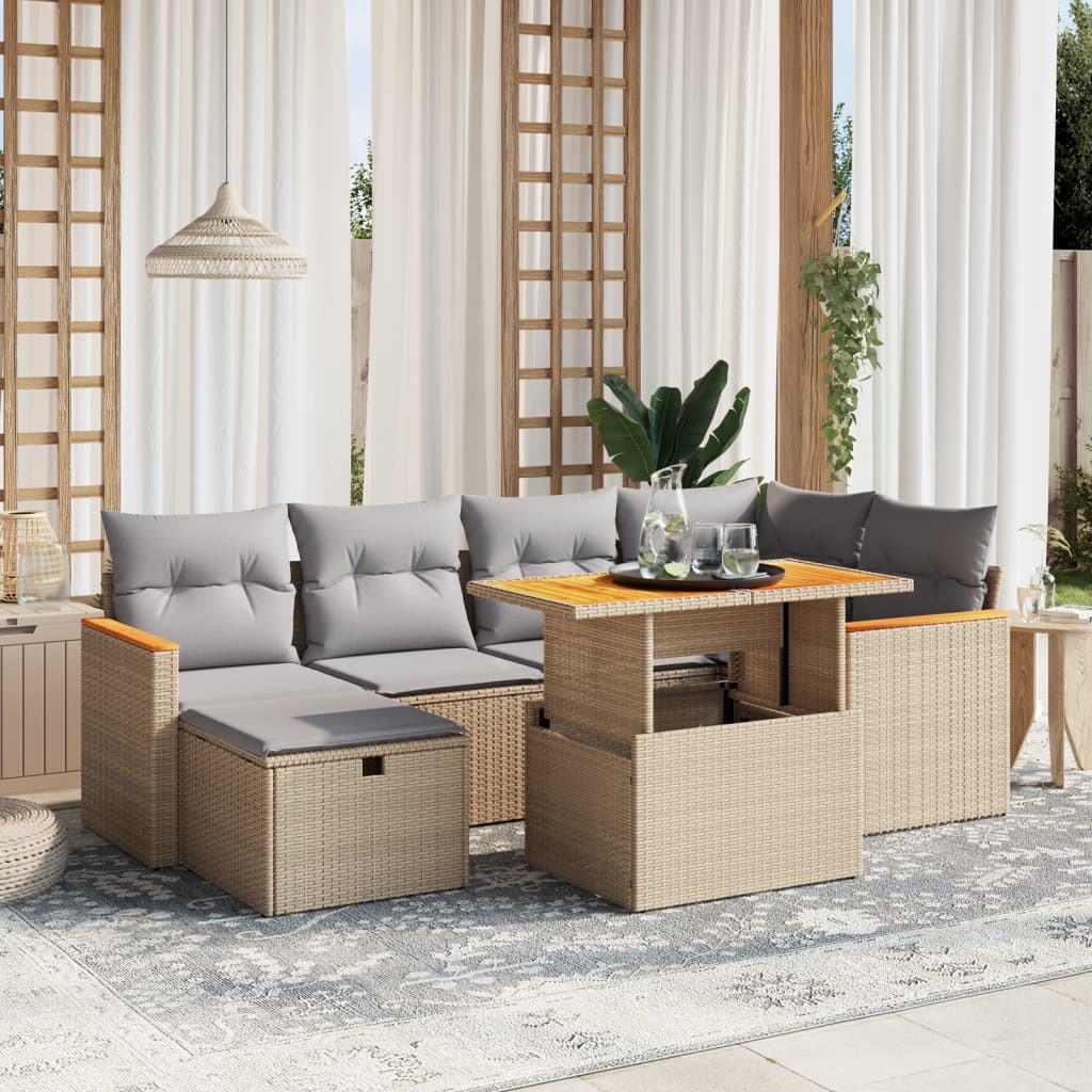 Set Divani da Giardino 7 pz con Cuscini Beige in Polyrattan - homemem39
