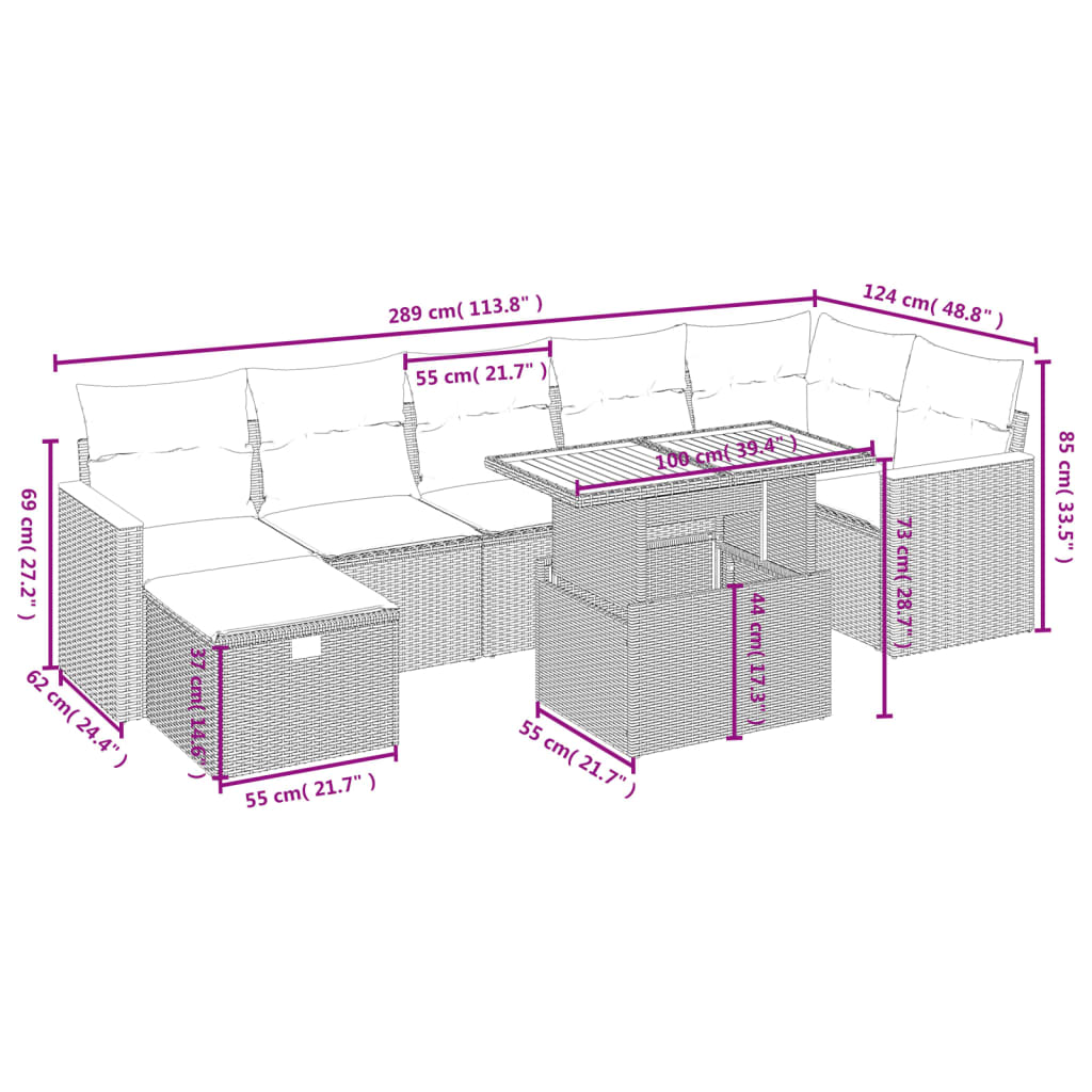 Set Divano da Giardino 8 pz con Cuscini Beige in Polyrattan