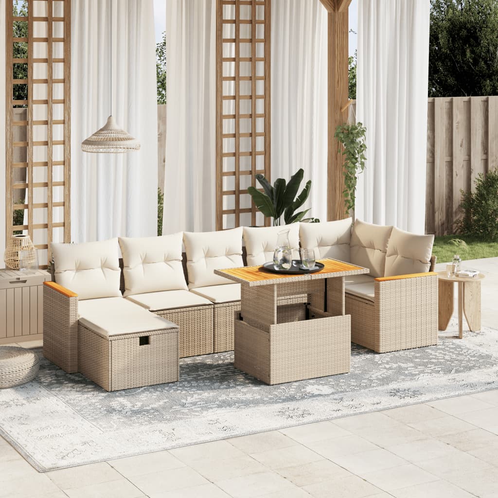 Set Divano da Giardino 8 pz con Cuscini Beige in Polyrattan