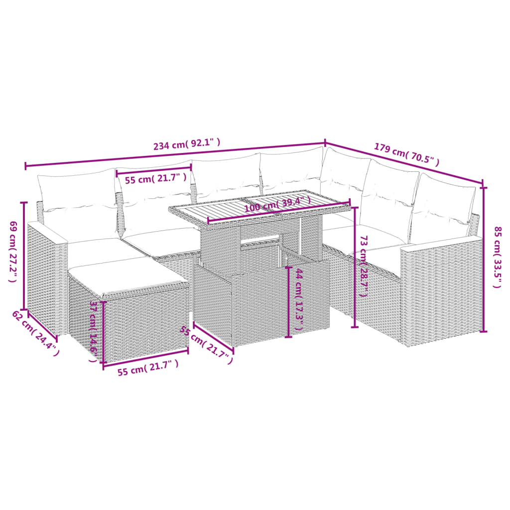 Set Divano da Giardino 8 pz con Cuscini Beige in Polyrattan