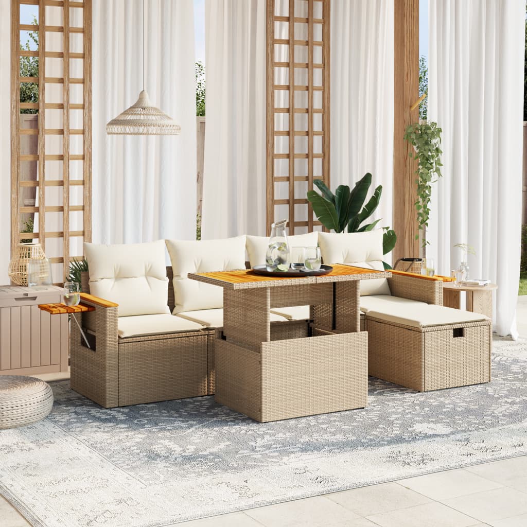 Set Divano da Giardino 6 pz con Cuscini Beige in Polyrattan