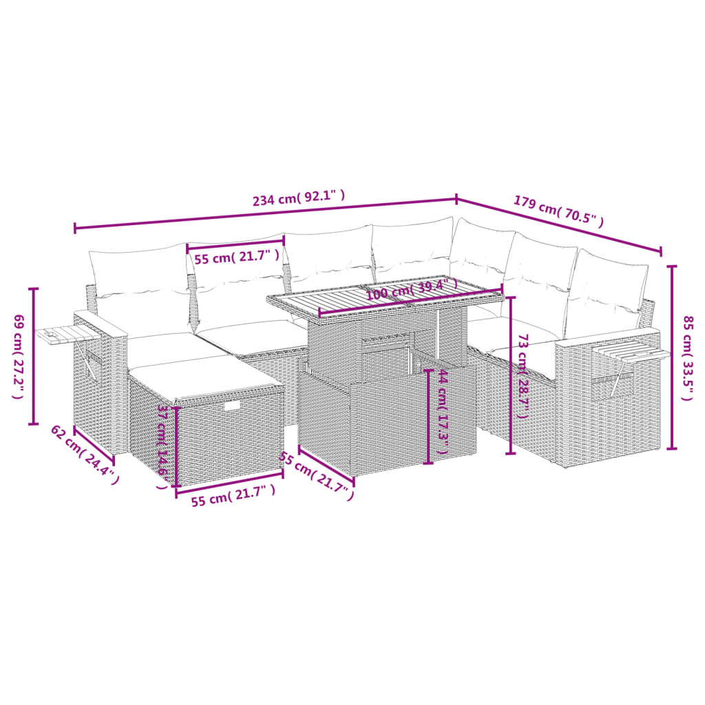 Set Divano da Giardino 8 pz con Cuscini Beige in Polyrattan