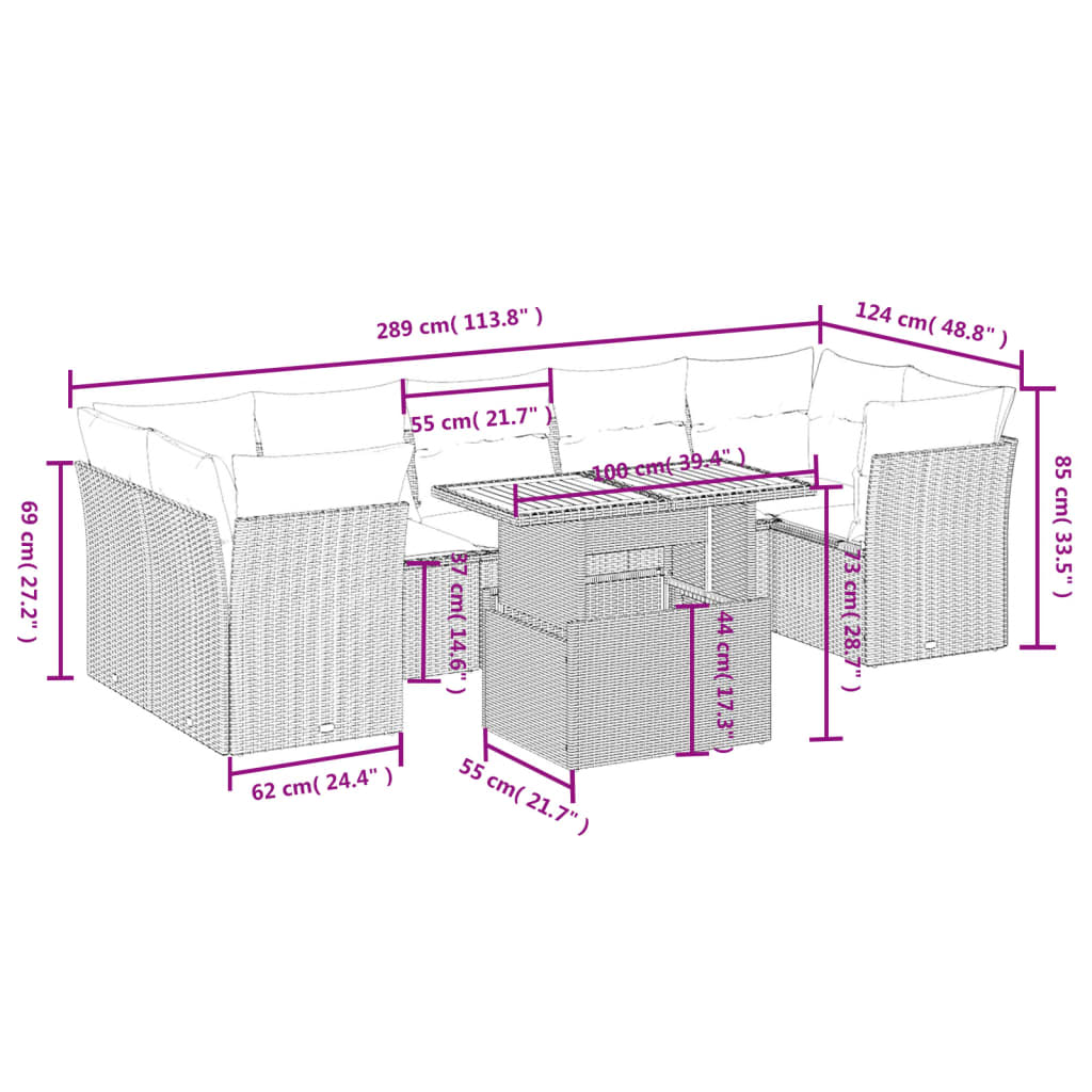 Set Divani da Giardino con Cuscini 8 pz Nero in Polyrattan