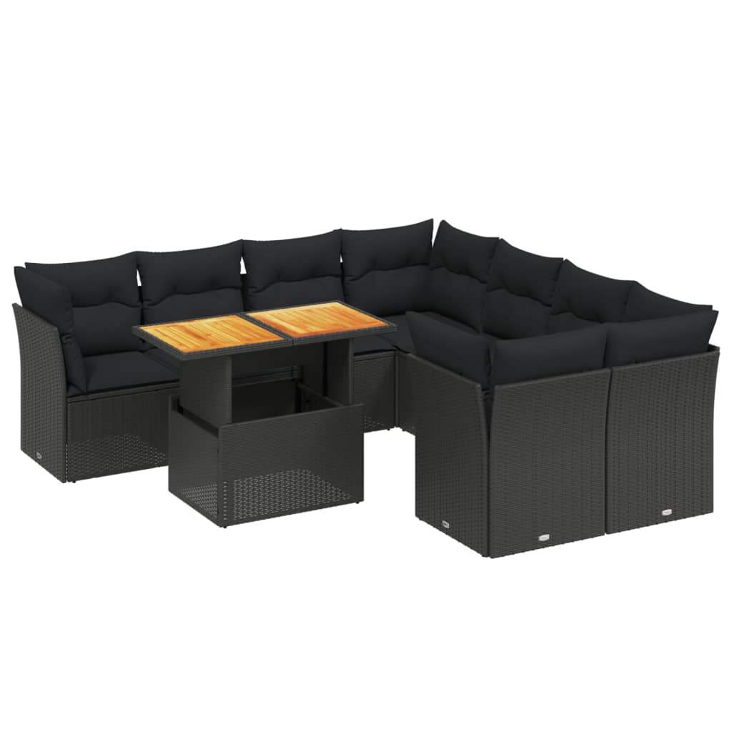 Set Divani da Giardino 9 pz con Cuscini Nero in Polyrattan - homemem39