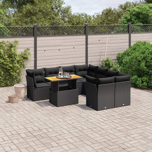 Set Divani da Giardino 9 pz con Cuscini Nero in Polyrattan - homemem39