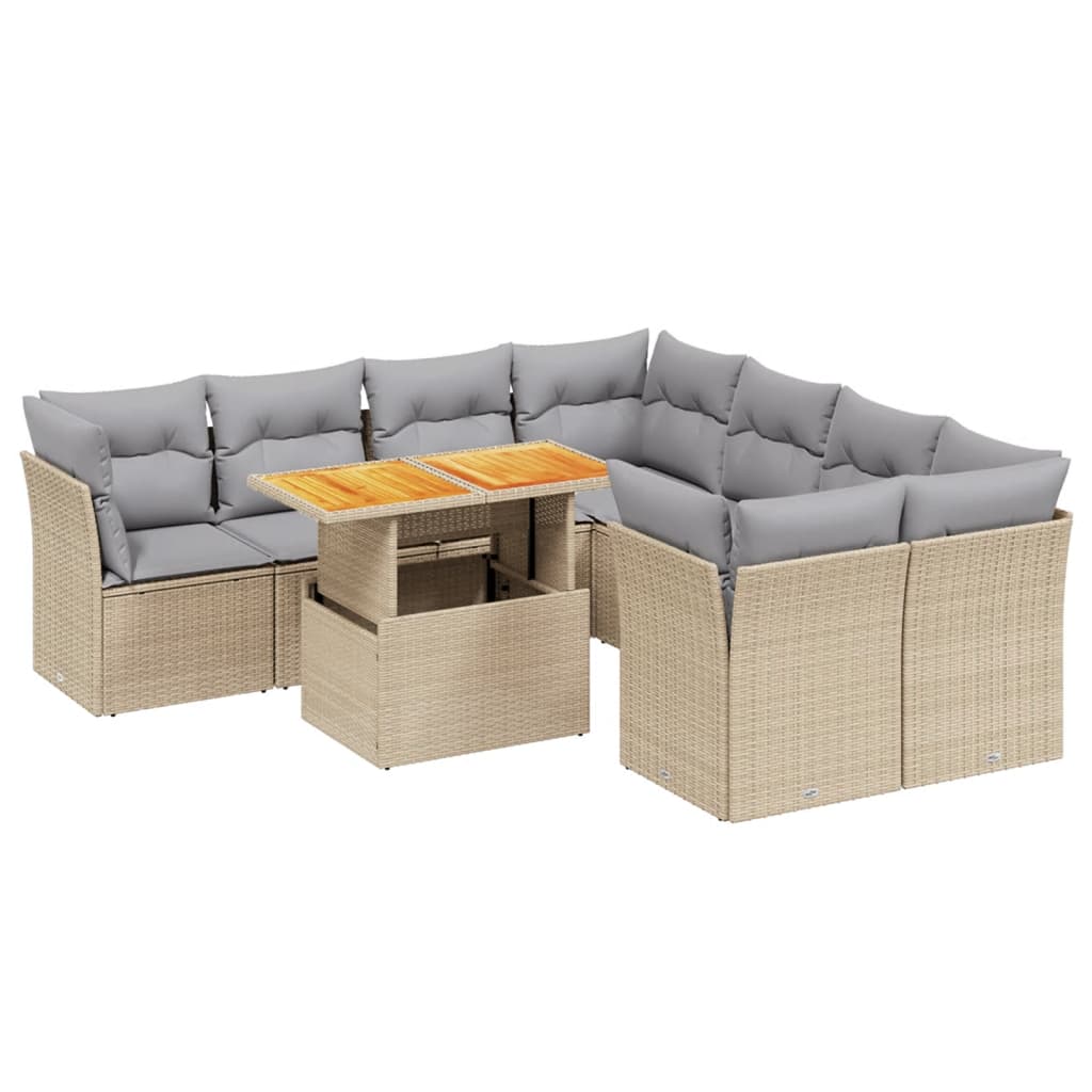 Set Divano da Giardino 9 pz con Cuscini Beige in Polyrattan