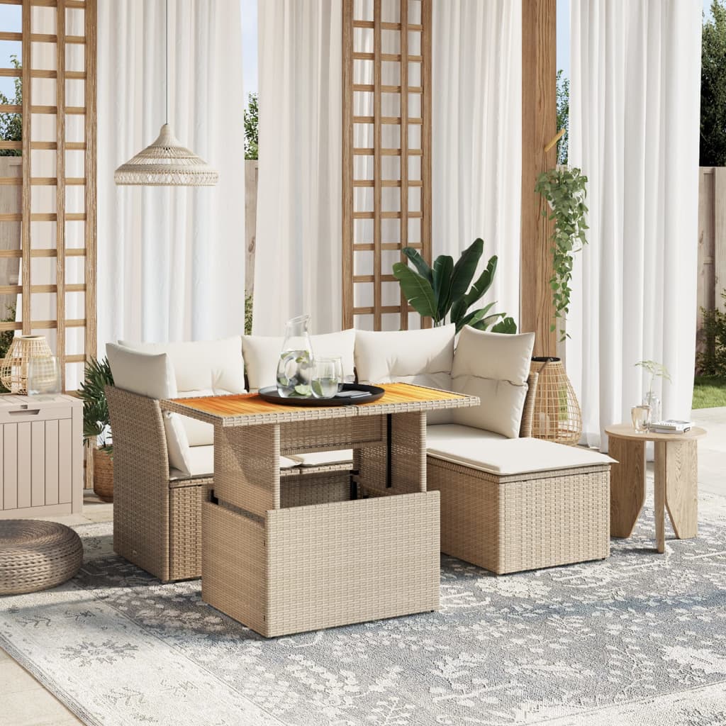 Set Divano da Giardino 6 pz con Cuscini Beige in Polyrattan