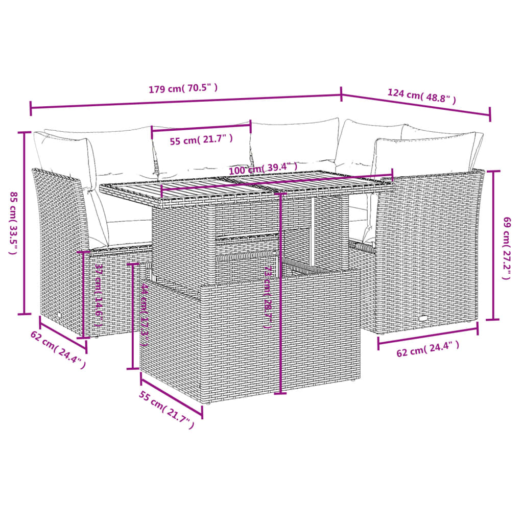 Set Divani da Giardino 5 pz con Cuscini in Polyrattan Nero