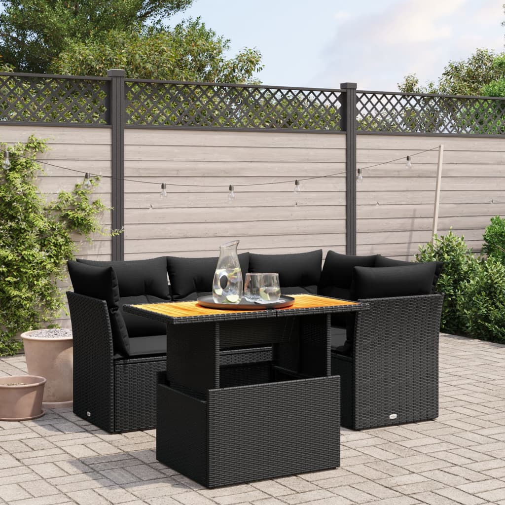 Set Divani da Giardino 5 pz con Cuscini in Polyrattan Nero