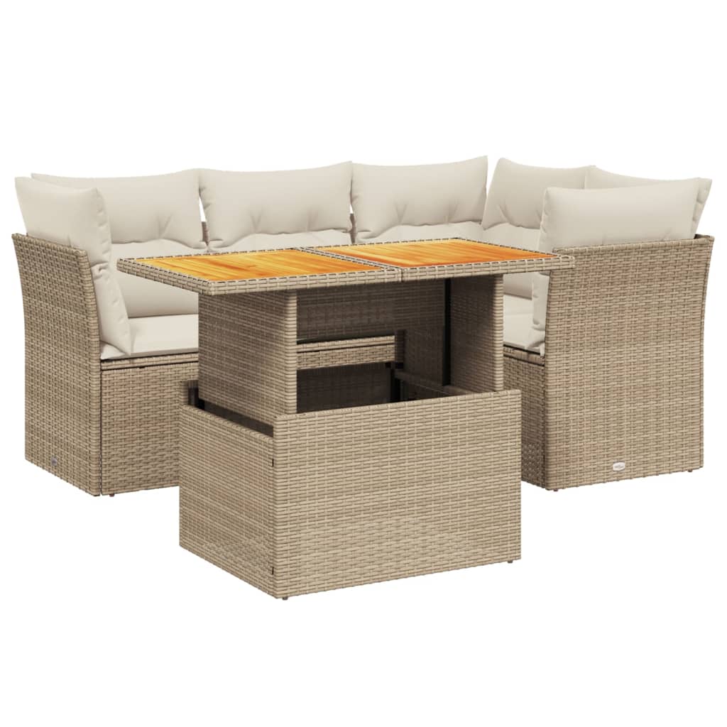 Set Divano da Giardino 5 pz con Cuscini Beige in Polyrattan