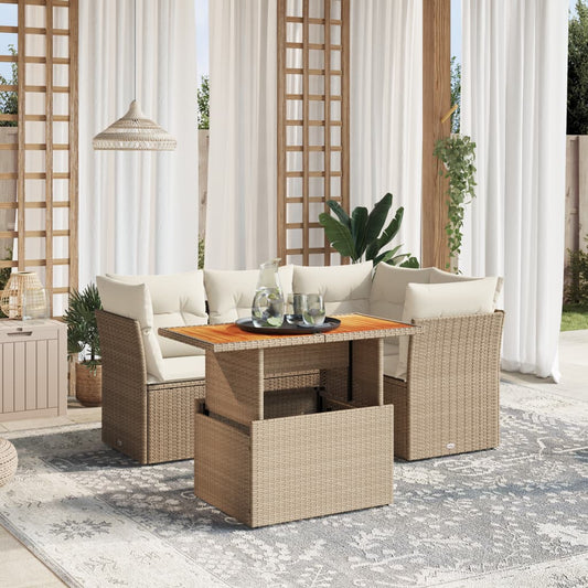 Set Divano da Giardino 5 pz con Cuscini Beige in Polyrattan