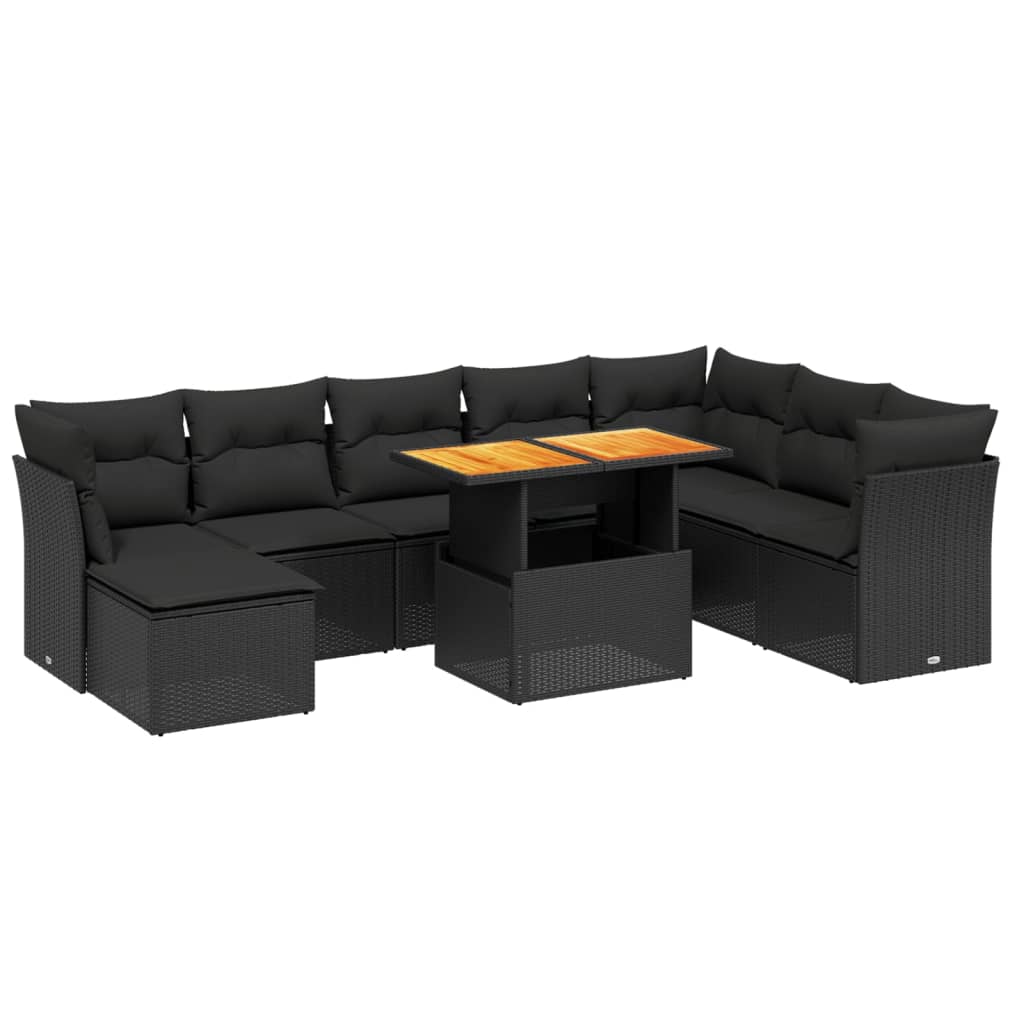 9-teiliges Gartensofa-Set mit schwarzen Polyrattan-Kissen