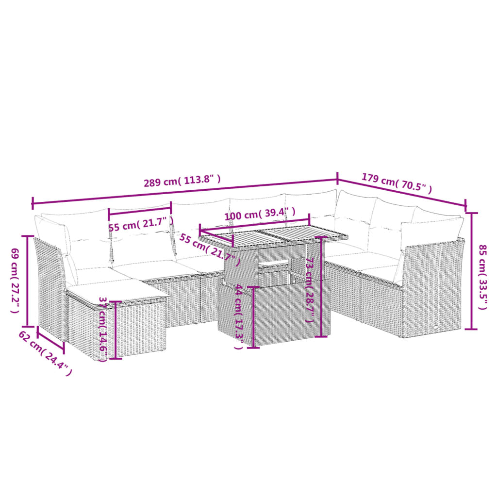 Set Divani da Giardino 9 pz con Cuscini Nero in Polyrattan