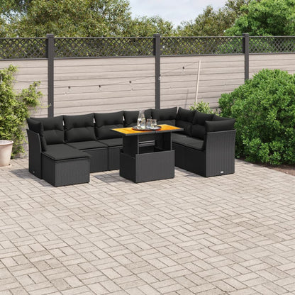 9-teiliges Gartensofa-Set mit schwarzen Polyrattan-Kissen