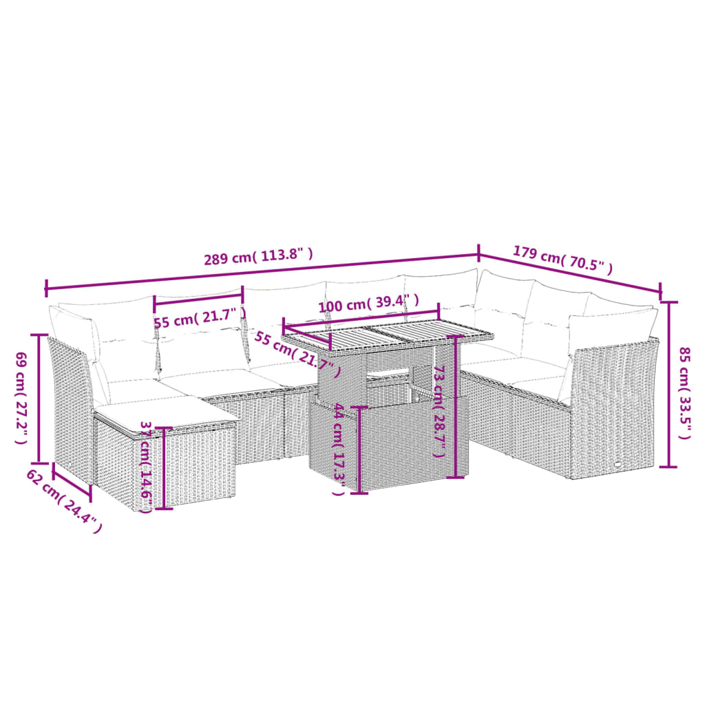 Set Divano da Giardino 9 pz con Cuscini Beige in Polyrattan