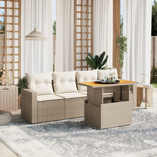 Set Divano da Giardino 5 pz con Cuscini Beige in Polyrattan