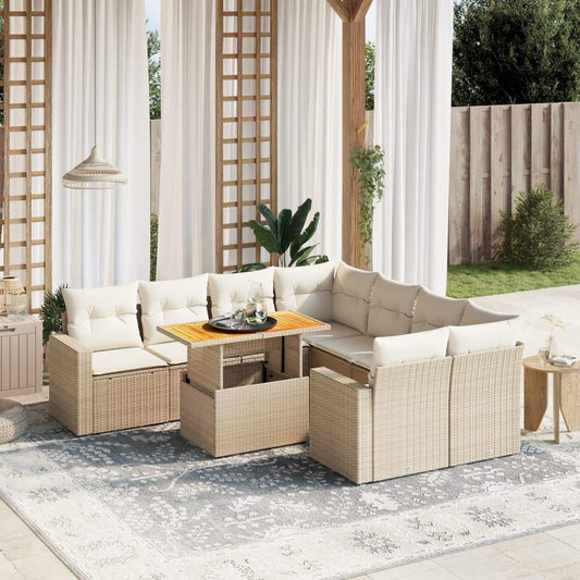 Set Divano da Giardino 9 pz con Cuscini Beige in Polyrattan - homemem39
