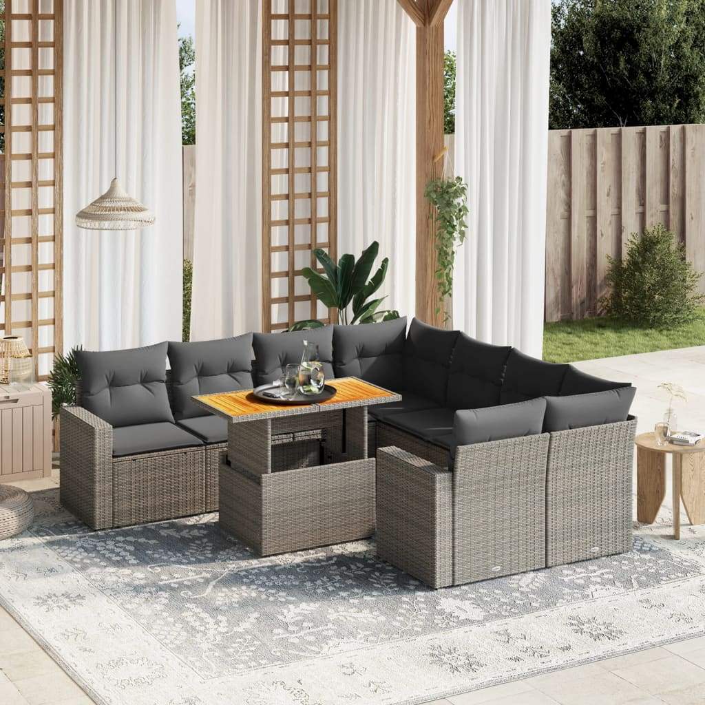 Set Divano da Giardino 9 pz con Cuscini Grigio in Polyrattan - homemem39