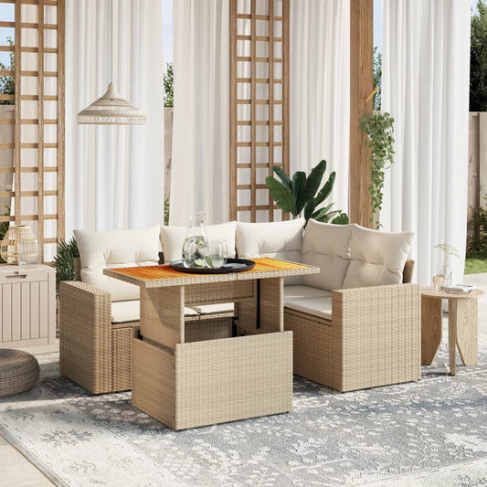 Set Divano da Giardino 5 pz con Cuscini Beige in Polyrattan