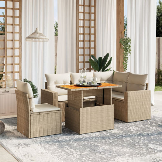 Set Divano da Giardino 6 pz con Cuscini Beige in Polyrattan