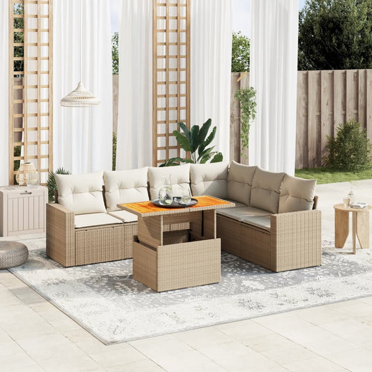 Set Divani da Giardino 7 pz con Cuscini Beige in Polyrattan