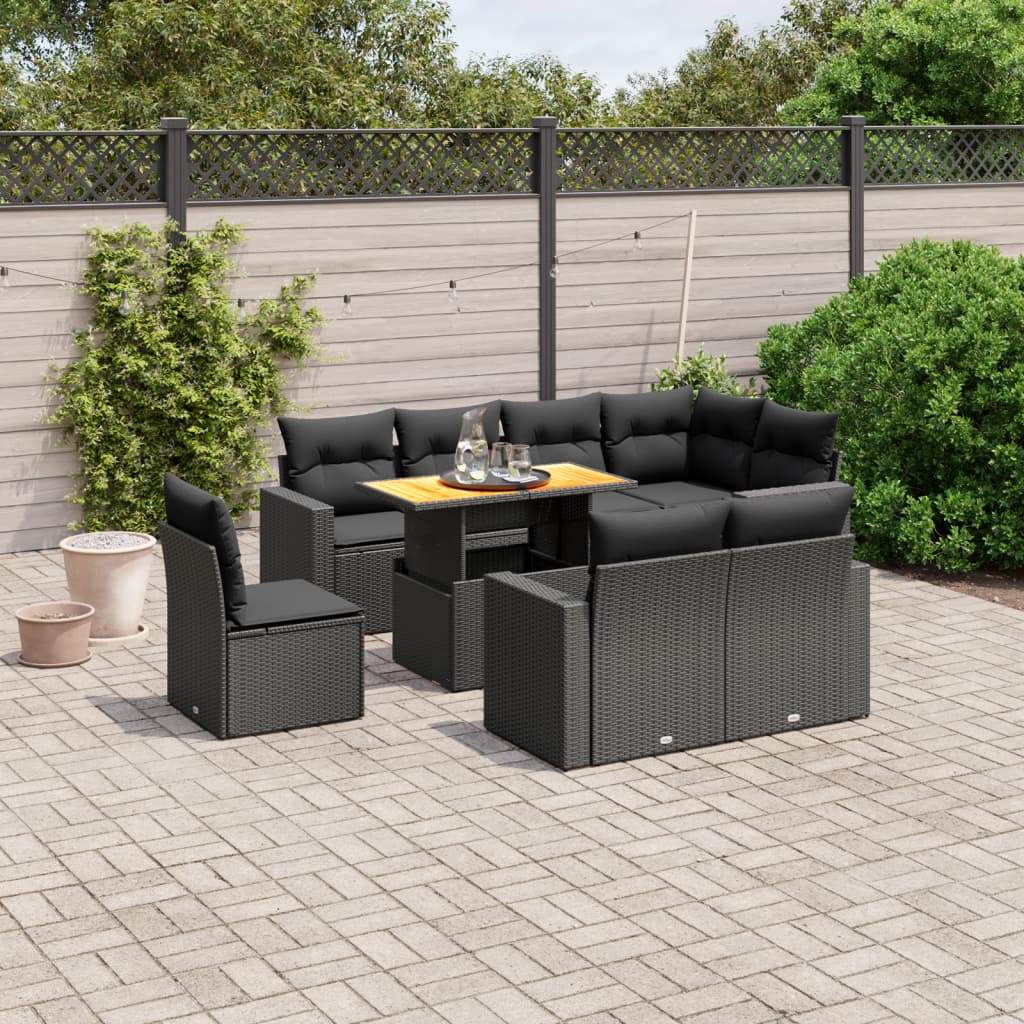 Set Divani da Giardino 9 pz con Cuscini Nero in Polyrattan - homemem39