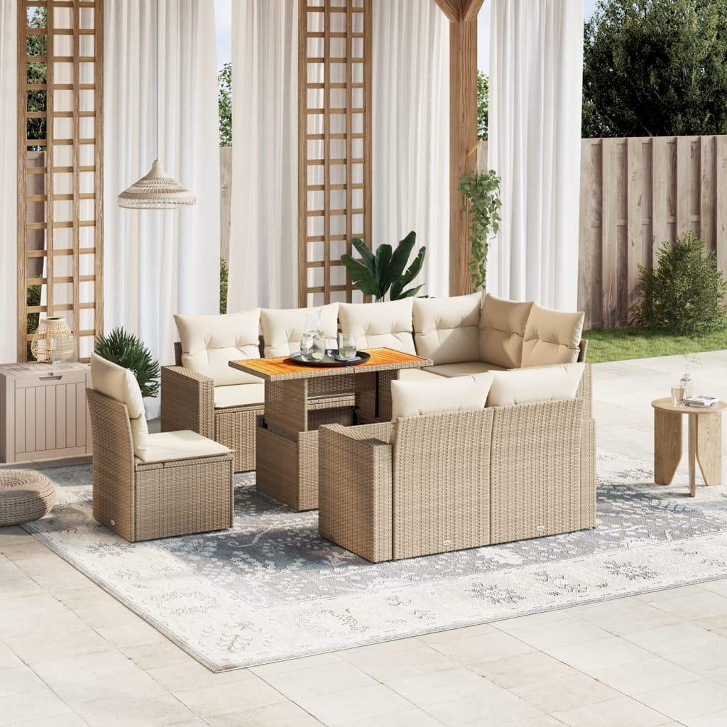 Set Divano da Giardino 9 pz con Cuscini Beige in Polyrattan - homemem39