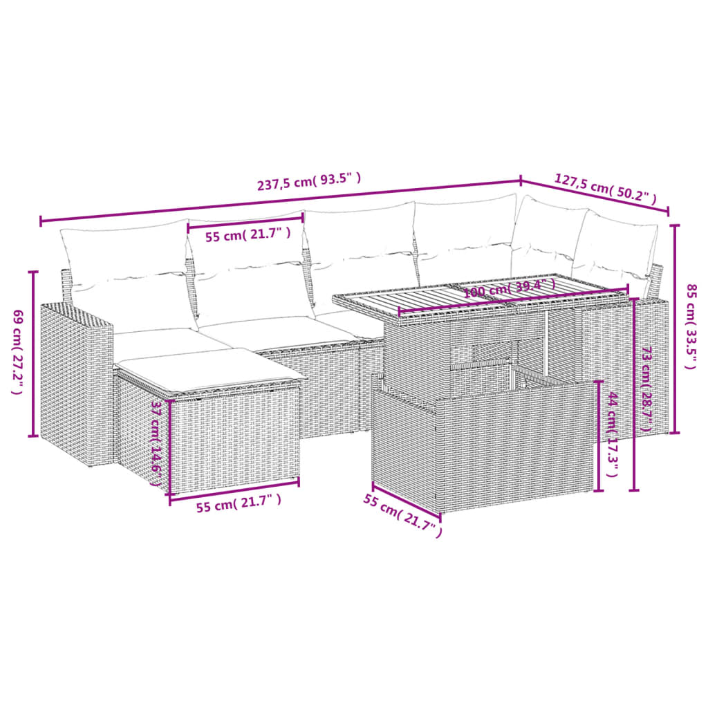 Set Divani da Giardino 7 pz con Cuscini Beige in Polyrattan