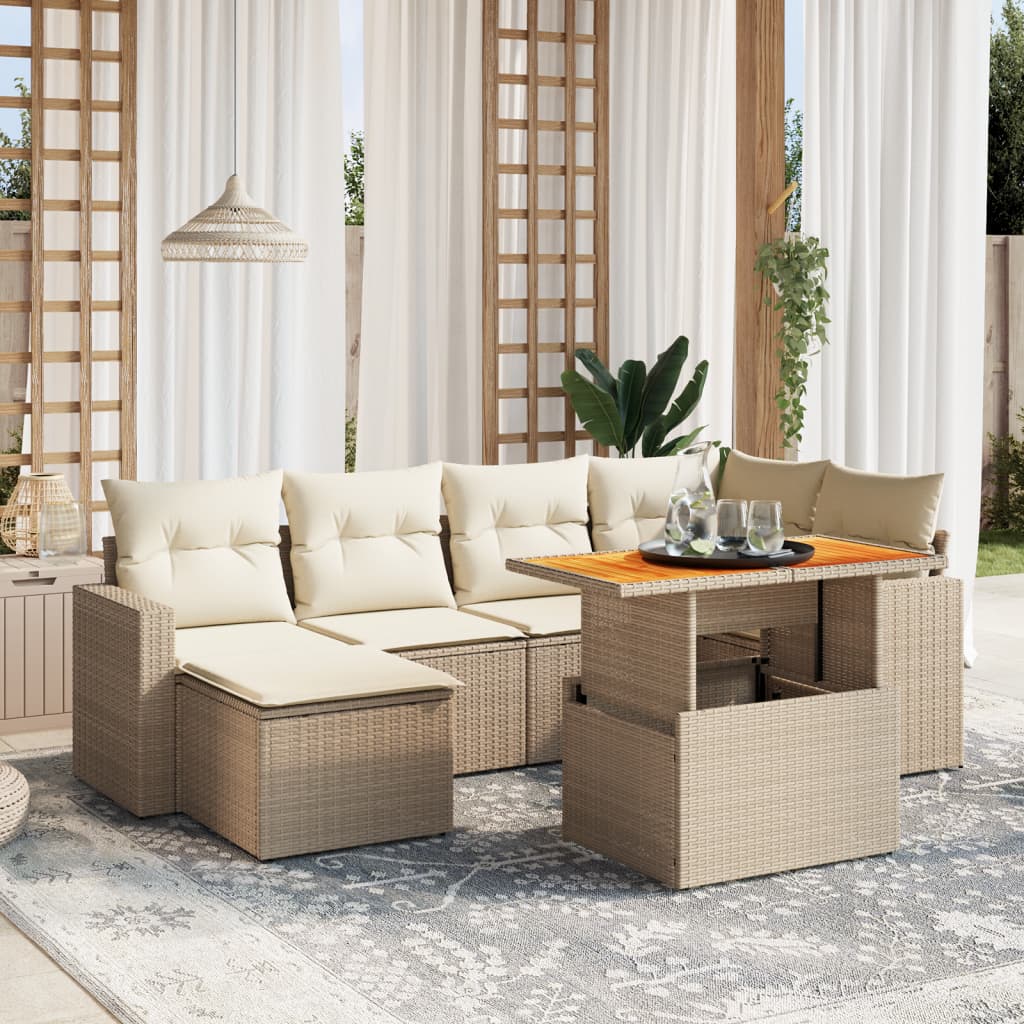 Set Divani da Giardino 7 pz con Cuscini Beige in Polyrattan