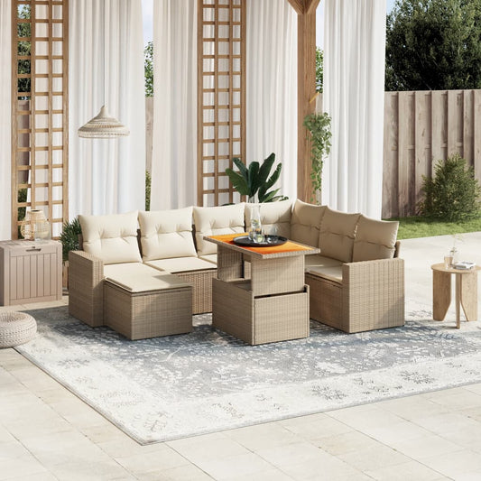 Set Divano da Giardino 8 pz con Cuscini Beige in Polyrattan