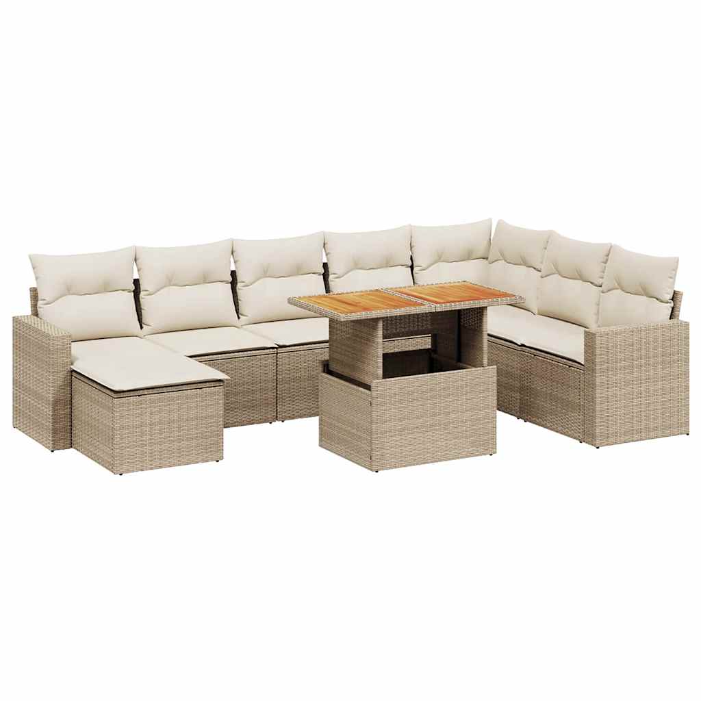 Set Divano da Giardino 9 pz con Cuscini Beige in Polyrattan