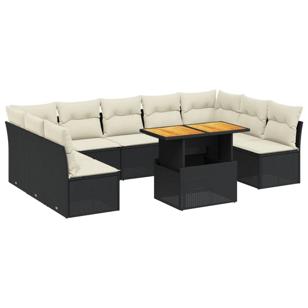 Set Divani da Giardino 10pz con Cuscini in Polyrattan Nero
