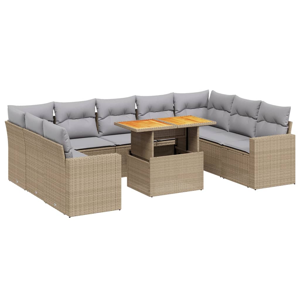 Set Divano da Giardino 10 pz con Cuscini Beige in Polyrattan