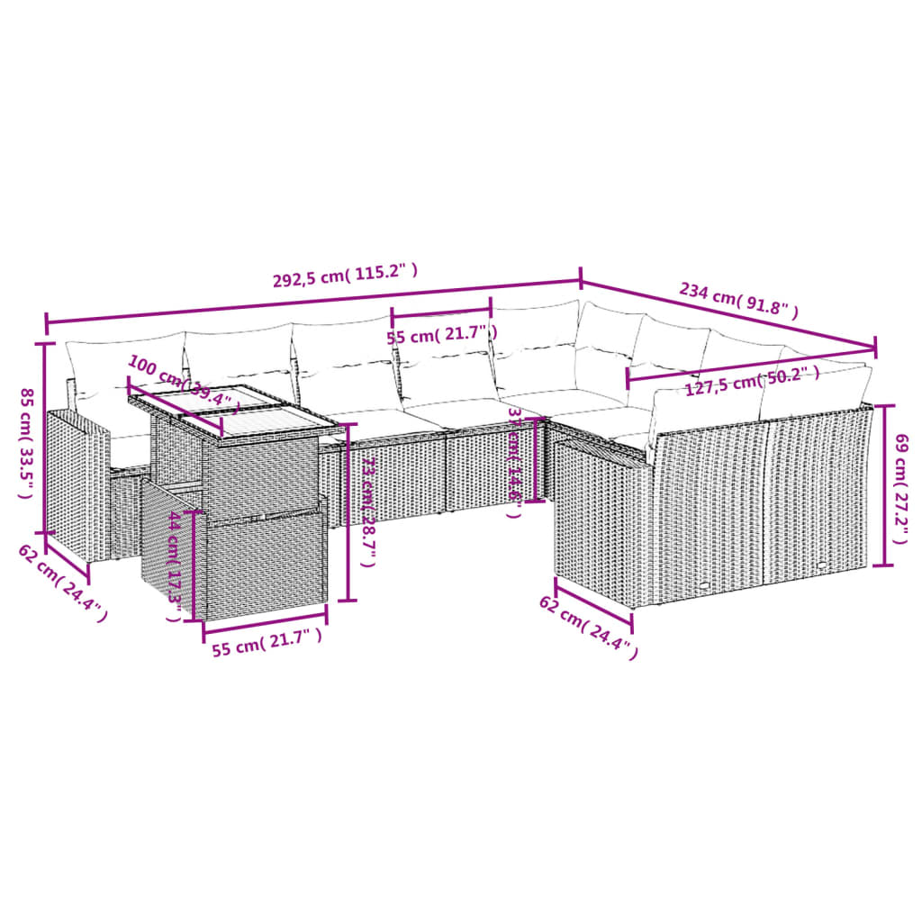 Set Divano da Giardino 10 pz con Cuscini Grigio in Polyrattan