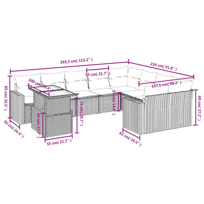 Set Divano da Giardino 10 pz con Cuscini Grigio in Polyrattan