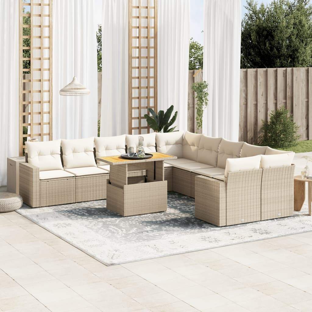 Set Divani da Giardino 11 pz con Cuscini Beige in Polyrattan - homemem39