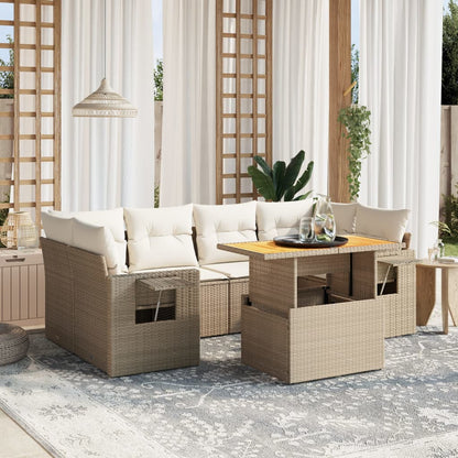 Set Divani da Giardino 7 pz con Cuscini Beige in Polyrattan