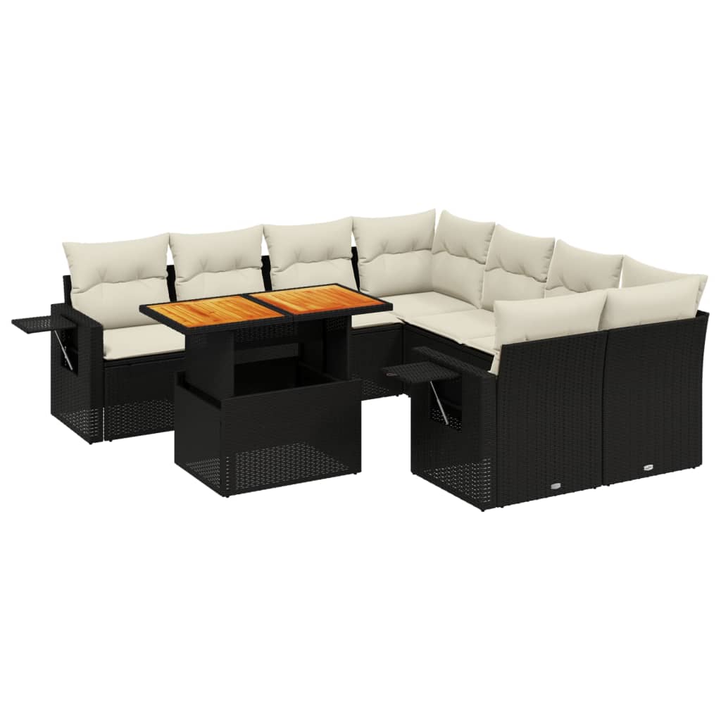 Set Divani da Giardino 9 pz con Cuscini Nero in Polyrattan