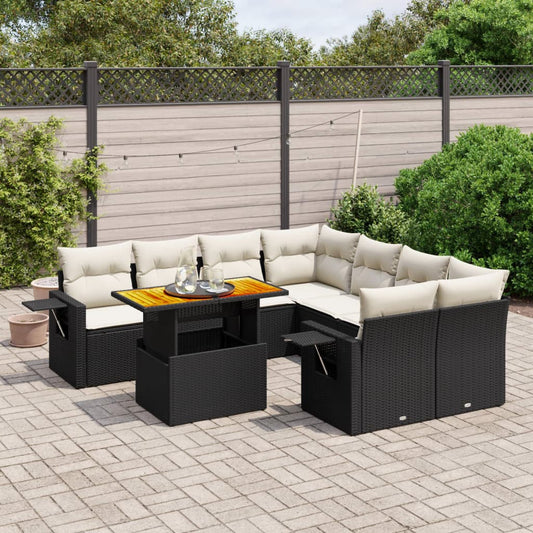 Set Divani da Giardino 9 pz con Cuscini Nero in Polyrattan