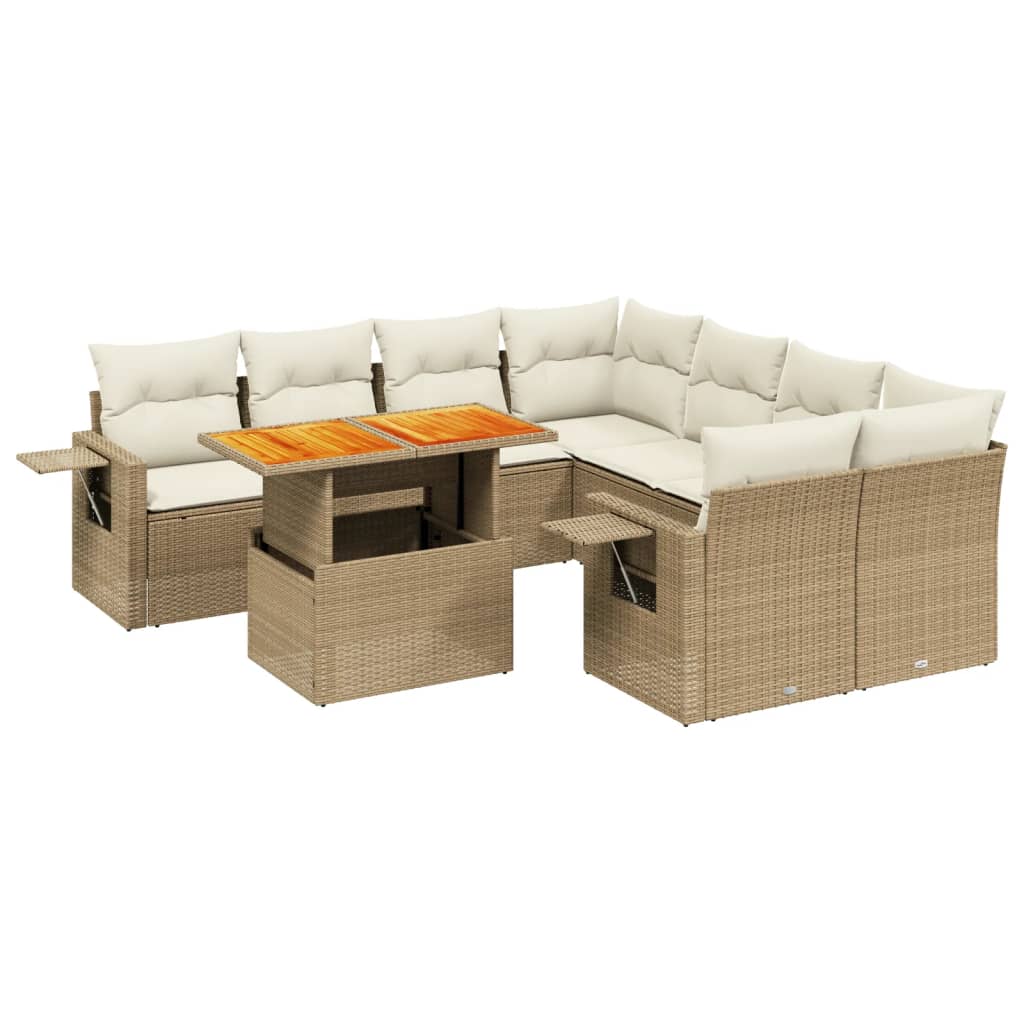 Set Divano da Giardino 9 pz con Cuscini Beige in Polyrattan