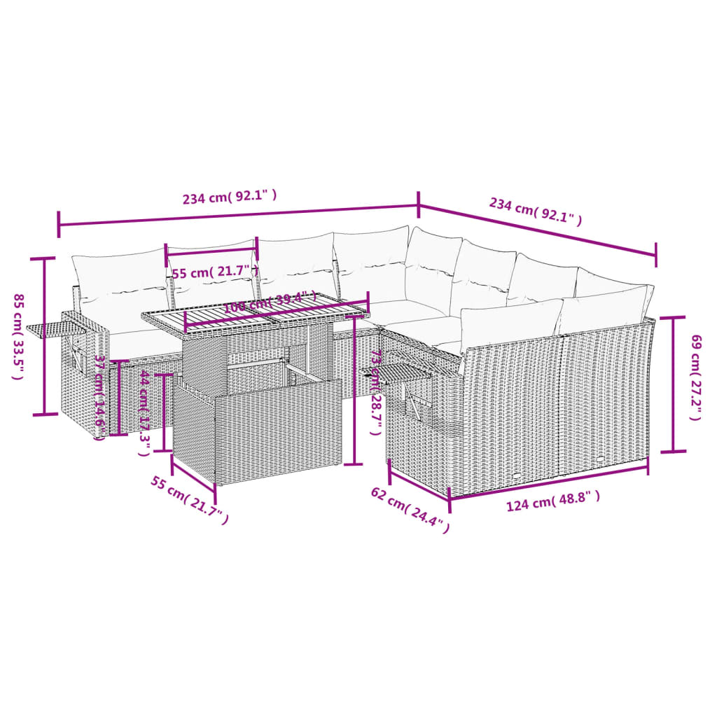 Set Divano da Giardino 9 pz con Cuscini Beige in Polyrattan