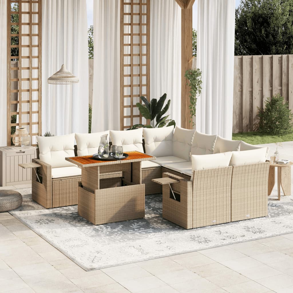 Set Divano da Giardino 8 pz con Cuscini Beige in Polyrattan