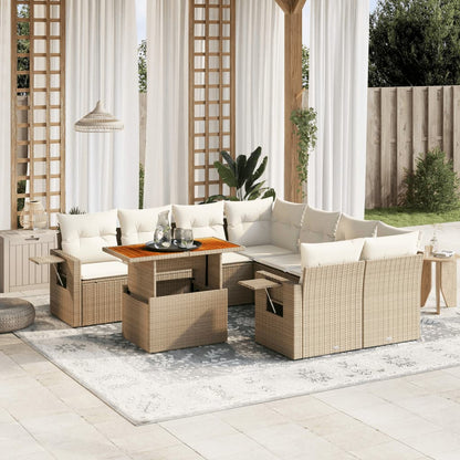 Set Divano da Giardino 9 pz con Cuscini Beige in Polyrattan