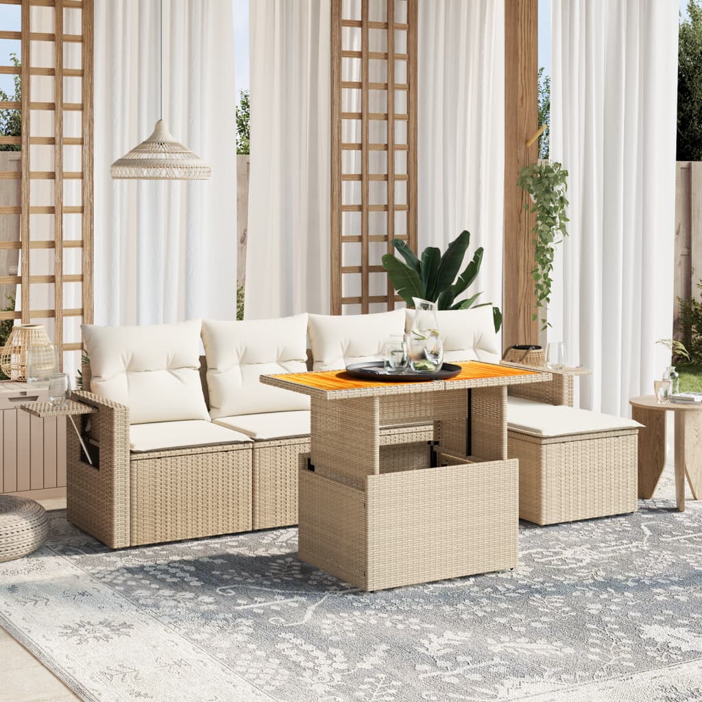 Set Divano da Giardino 6 pz con Cuscini Beige in Polyrattan