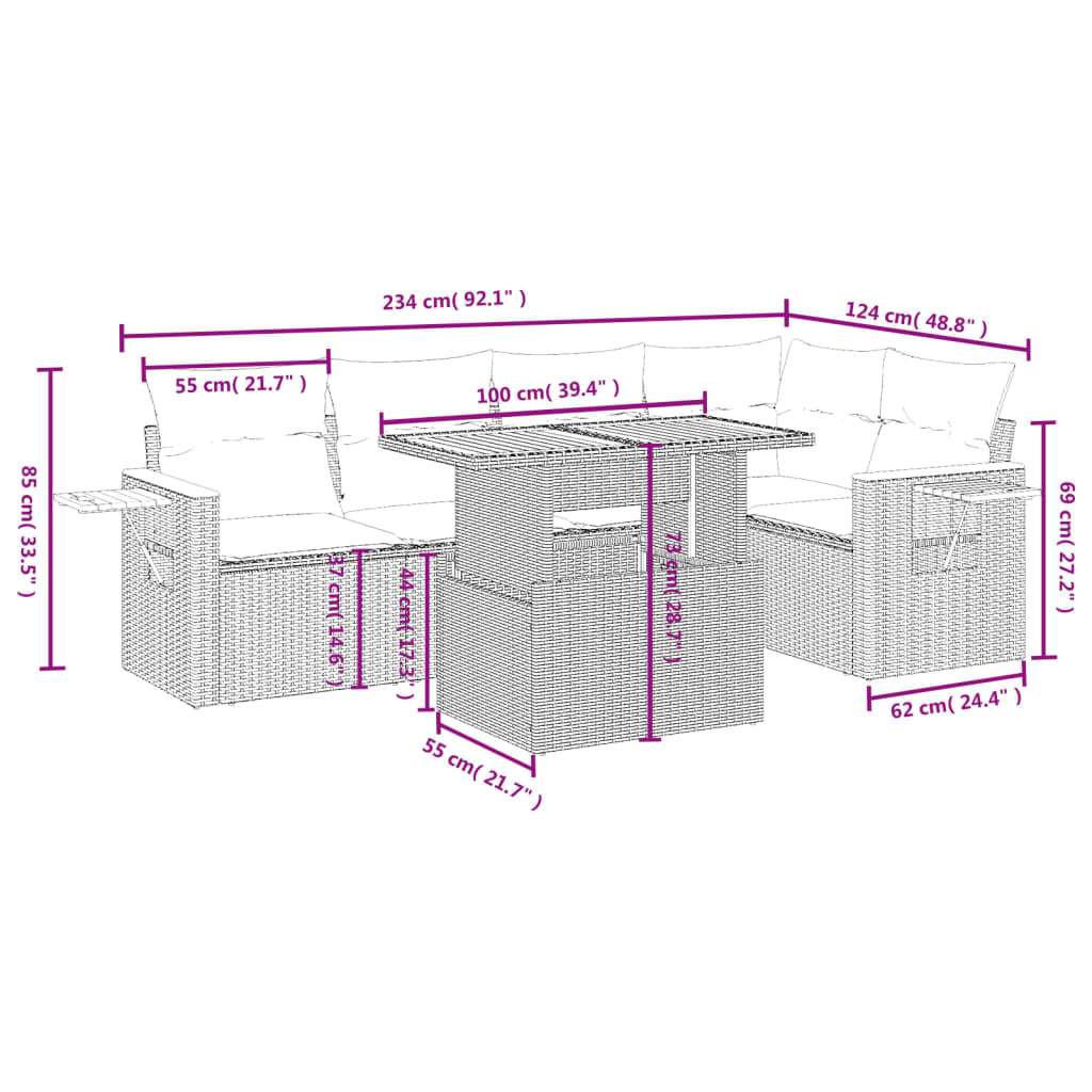 Set Divano da Giardino 6 pz con Cuscini Grigio in Polyrattan