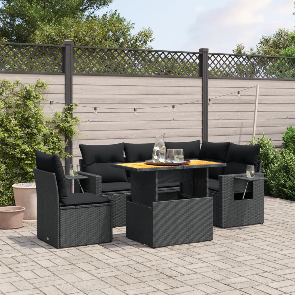 Set Divano da Giardino 6 pz con Cuscini Nero in Polyrattan