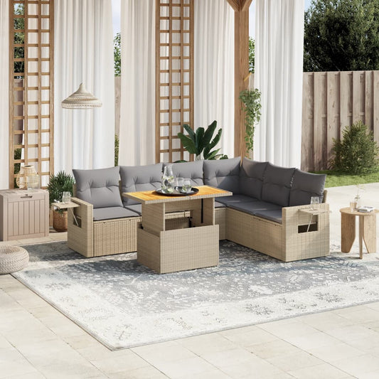 Set Divani da Giardino 7 pz con Cuscini Beige in Polyrattan